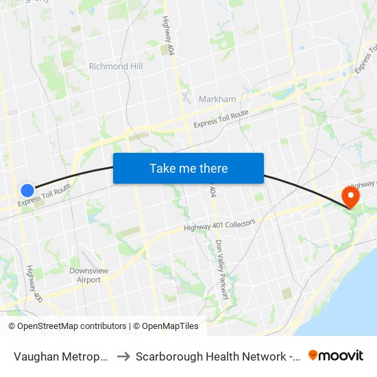 Vaughan Metropolitan Centre to Scarborough Health Network - Centenary Hospital map