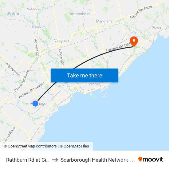 Rathburn Rd at City Centre Dr to Scarborough Health Network - Centenary Hospital map