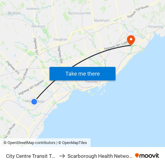 City Centre Transit Terminal Platform K to Scarborough Health Network - Centenary Hospital map