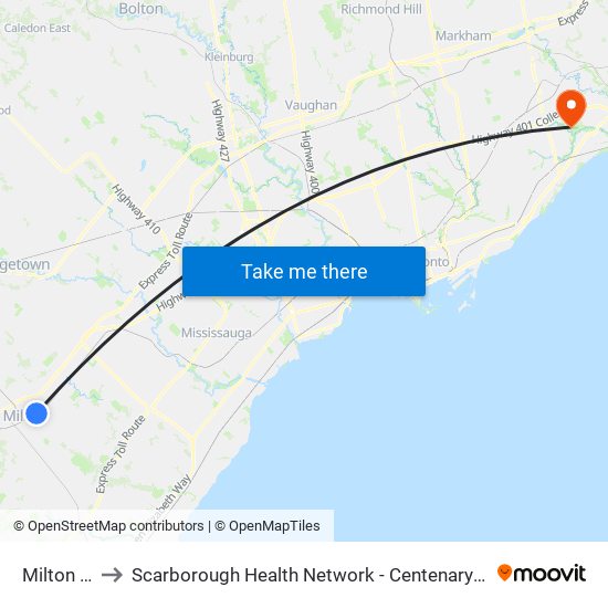 Milton Go to Scarborough Health Network - Centenary Hospital map