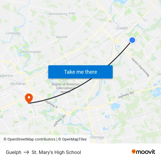Guelph to St. Mary's High School map