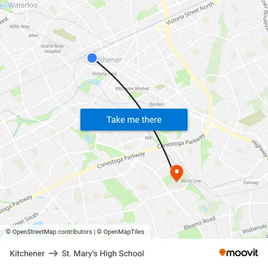Kitchener to St. Mary's High School map