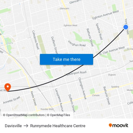 Davisville to Runnymede Healthcare Centre map