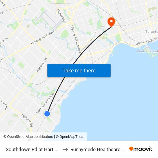 Southdown Rd at Hartland Dr to Runnymede Healthcare Centre map