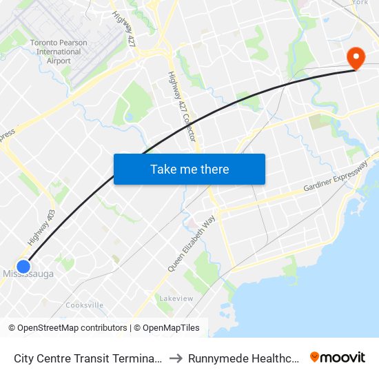 City Centre Transit Terminal Platform K to Runnymede Healthcare Centre map