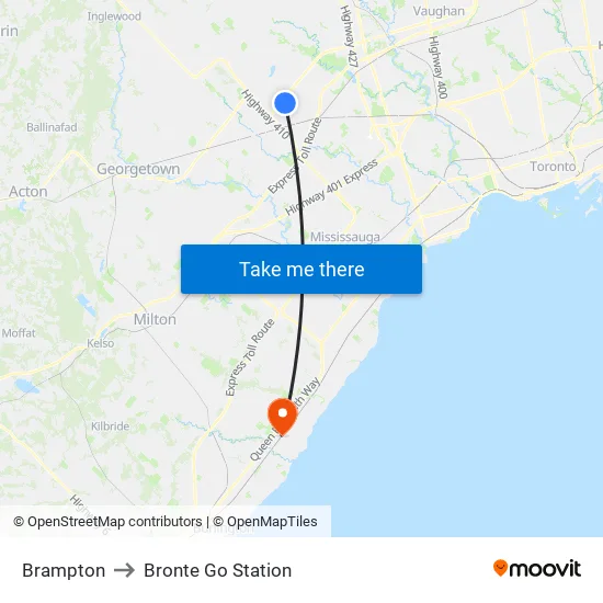 Brampton to Bronte Go Station map
