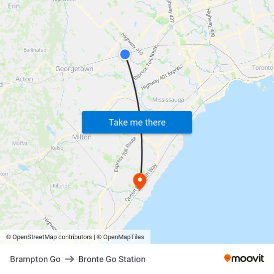 Brampton Go to Bronte Go Station map
