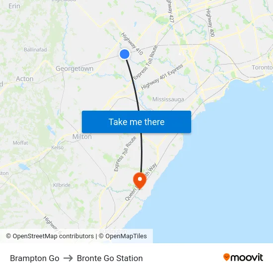 Brampton Go to Bronte Go Station map