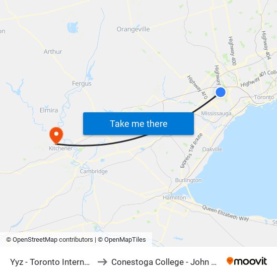 Yyz - Toronto International Airport to Conestoga College - John W. Tibbits Campus map