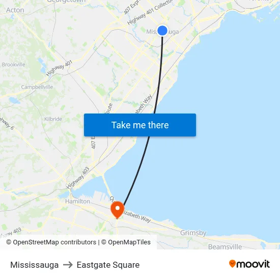 Mississauga to Eastgate Square map