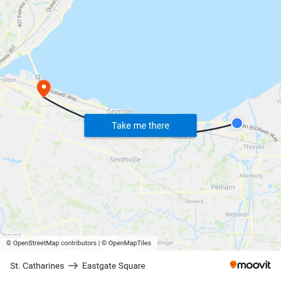 St. Catharines to Eastgate Square map