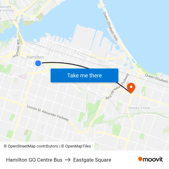 Hamilton GO Centre Bus to Eastgate Square map