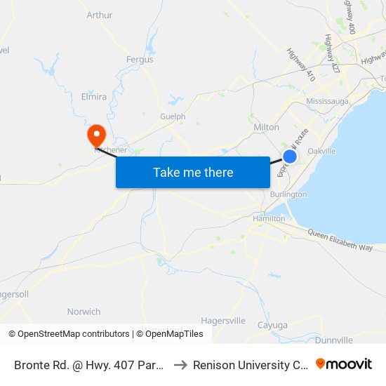 Bronte Rd. @ Hwy. 407 Park & Ride to Renison University College map