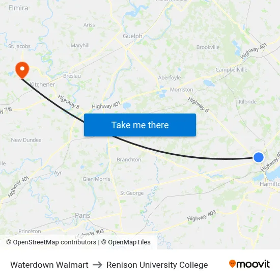 Waterdown Walmart to Renison University College map