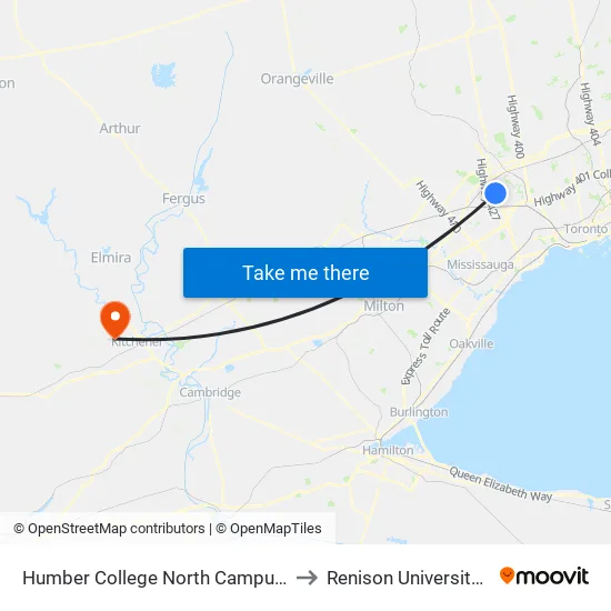 Humber College North Campus Platform 1 to Renison University College map