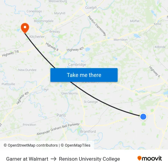 Garner at Walmart to Renison University College map
