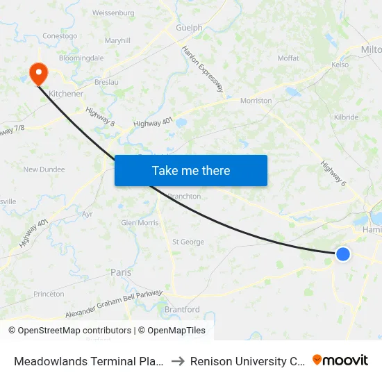 Meadowlands Terminal Platform 1 to Renison University College map