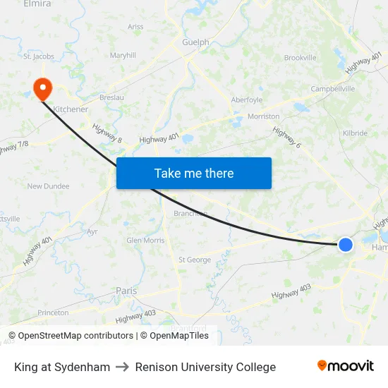 King at Sydenham to Renison University College map