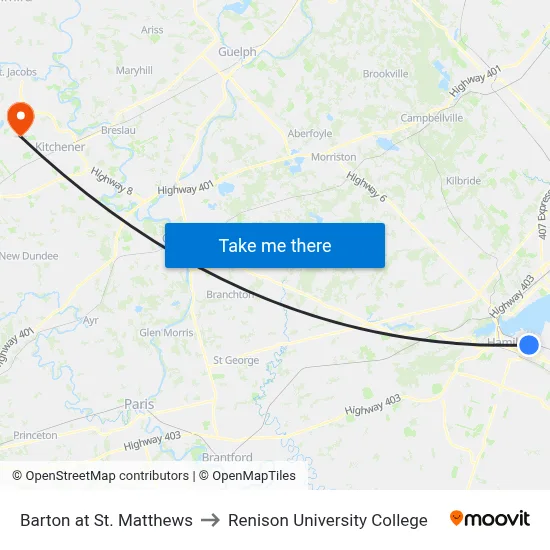 Barton at St. Matthews to Renison University College map
