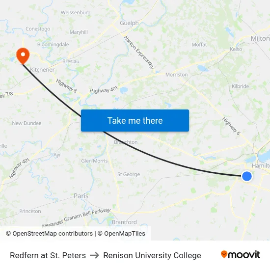 Redfern at St. Peters to Renison University College map