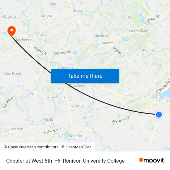 Chester at West 5th to Renison University College map