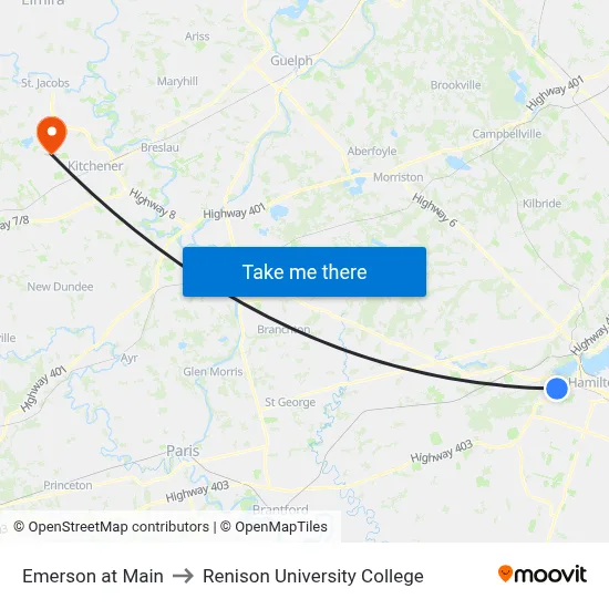 Emerson at Main to Renison University College map