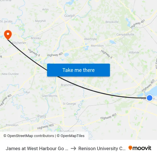 James at West Harbour Go Station to Renison University College map
