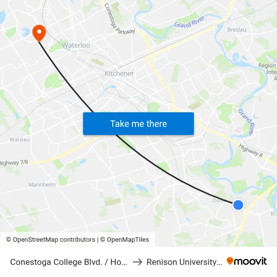 Conestoga College Blvd. / Homer Watson to Renison University College map