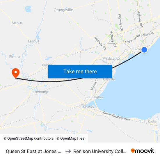 Queen St East at Jones Ave to Renison University College map