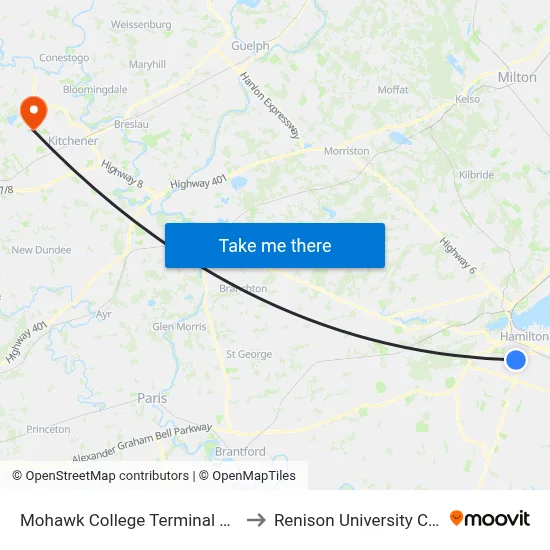 Mohawk College Terminal Pltfrm 1 to Renison University College map