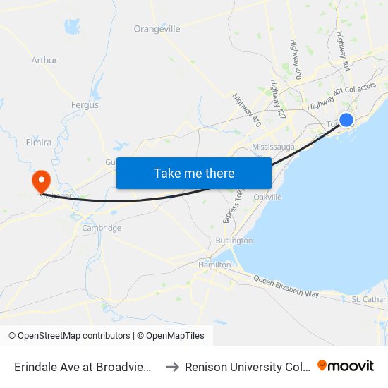Erindale Ave at Broadview Ave to Renison University College map
