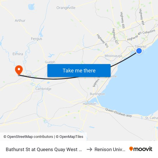 Bathurst St at Queens Quay West North Side Billy Bishop Airport to Renison University College map