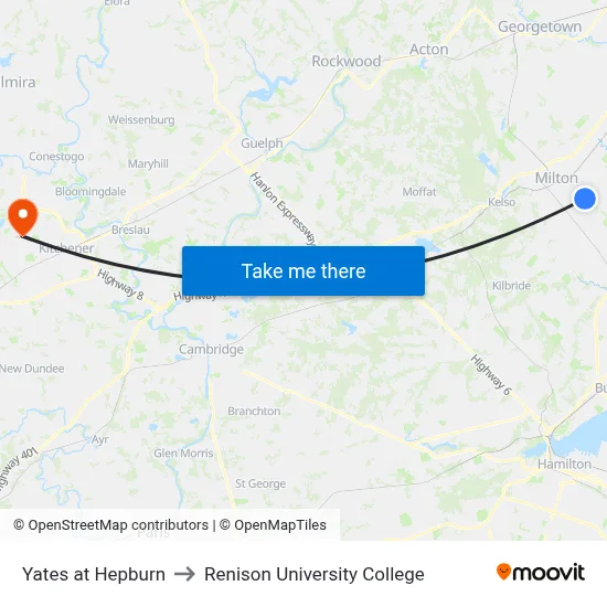 Yates at Hepburn to Renison University College map