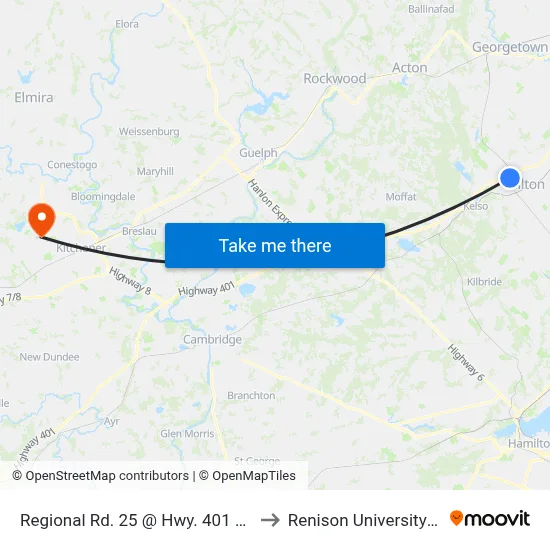 Regional Rd. 25 @ Hwy. 401 Park & Ride to Renison University College map