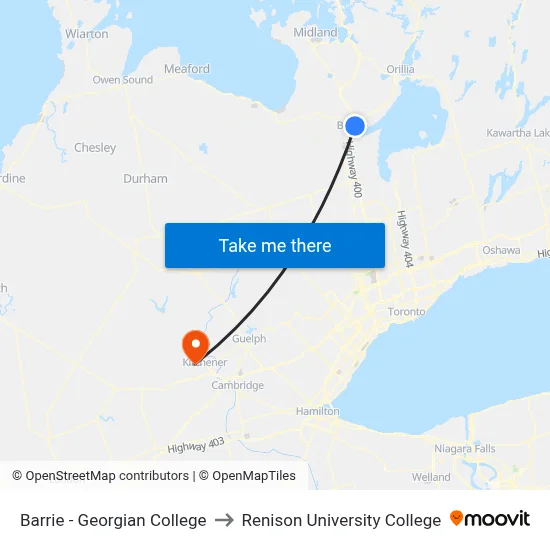 Barrie - Georgian College to Renison University College map
