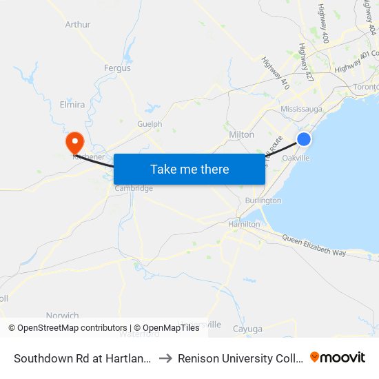 Southdown Rd at Hartland Dr to Renison University College map