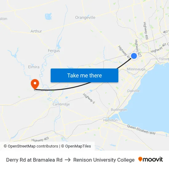 Derry Rd at Bramalea Rd to Renison University College map