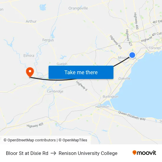 Bloor St at Dixie Rd to Renison University College map