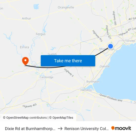 Dixie Rd at Burnhamthorpe Rd to Renison University College map