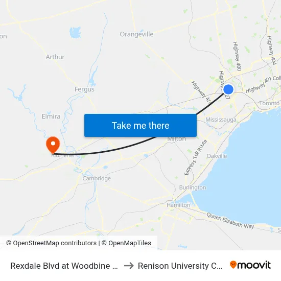 Rexdale Blvd at Woodbine Centre to Renison University College map
