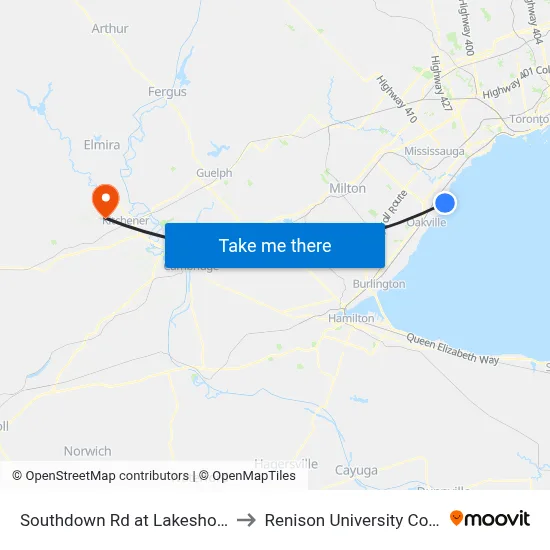 Southdown Rd at Lakeshore Rd to Renison University College map