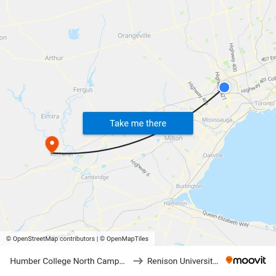 Humber College North Campus Platform 8 to Renison University College map