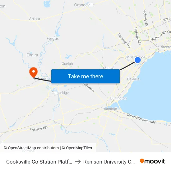 Cooksville Go Station Platform 4 to Renison University College map