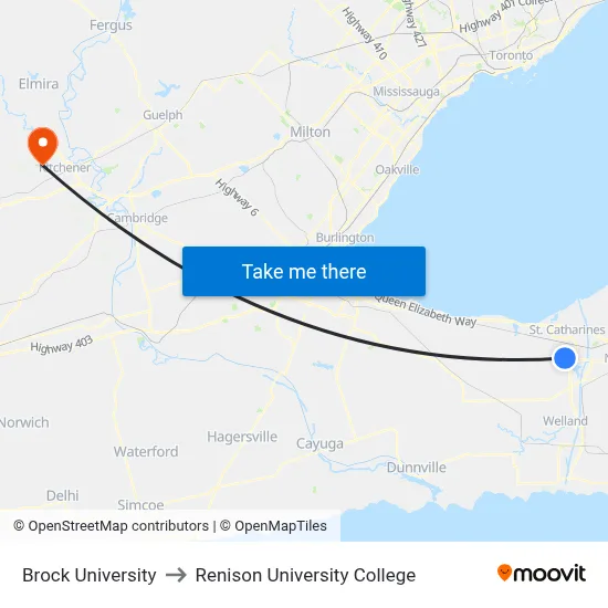Brock University to Renison University College map