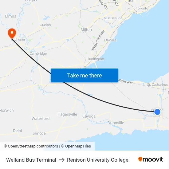 Welland Bus Terminal to Renison University College map