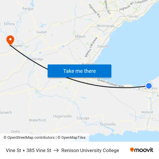 Vine St + 385 Vine St to Renison University College map