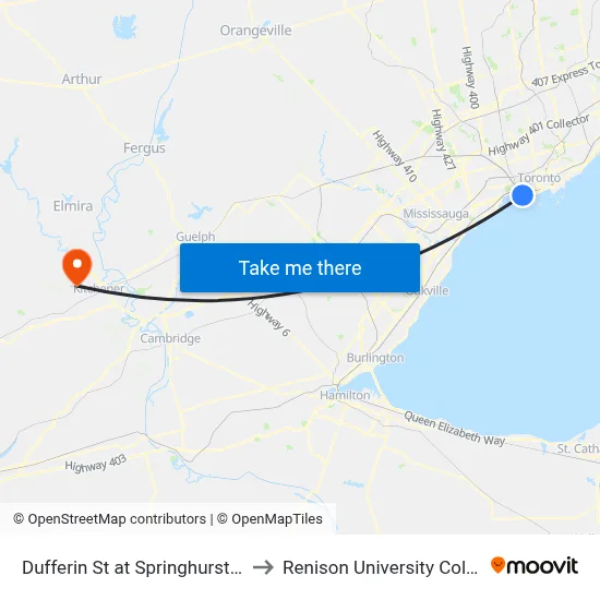 Dufferin St at Springhurst Ave to Renison University College map