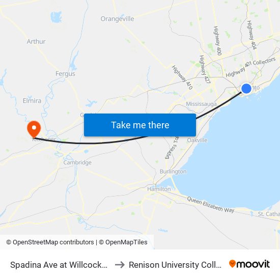 Spadina Ave at Willcocks St to Renison University College map