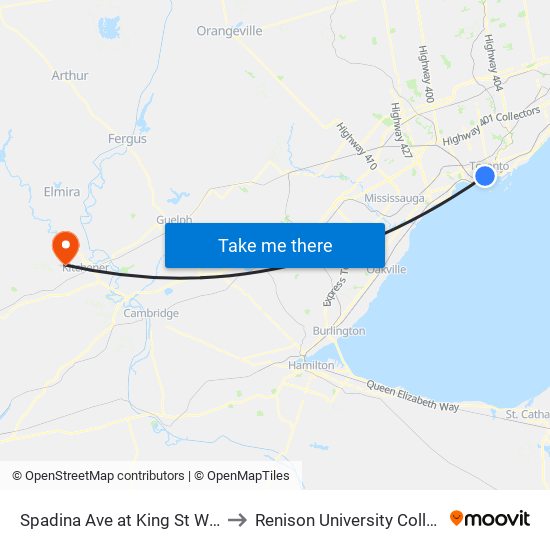 Spadina Ave at King St West to Renison University College map