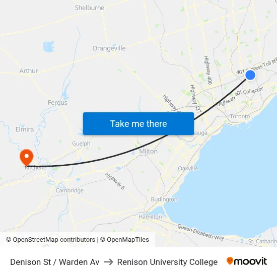 Denison St / Warden Av to Renison University College map
